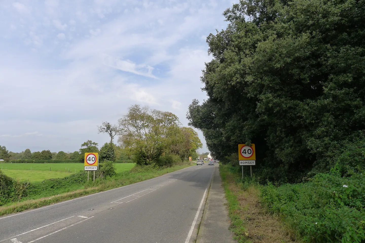 A main road entering a town between verges and hedges